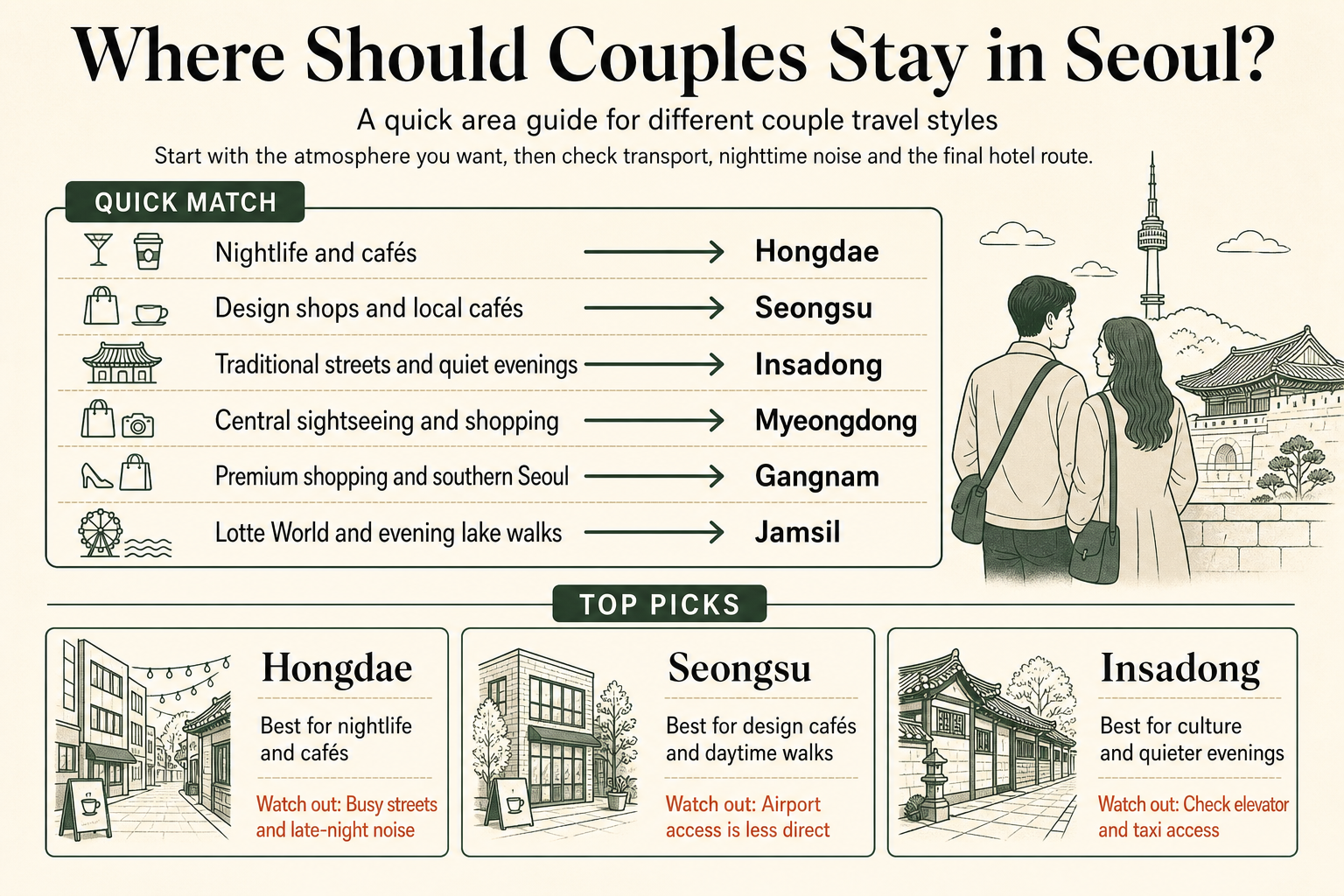 Couples stay area guide for Seoul comparing Hongdae, Seongsu, Insadong, Myeongdong, Gangnam and Jamsil by travel style.
