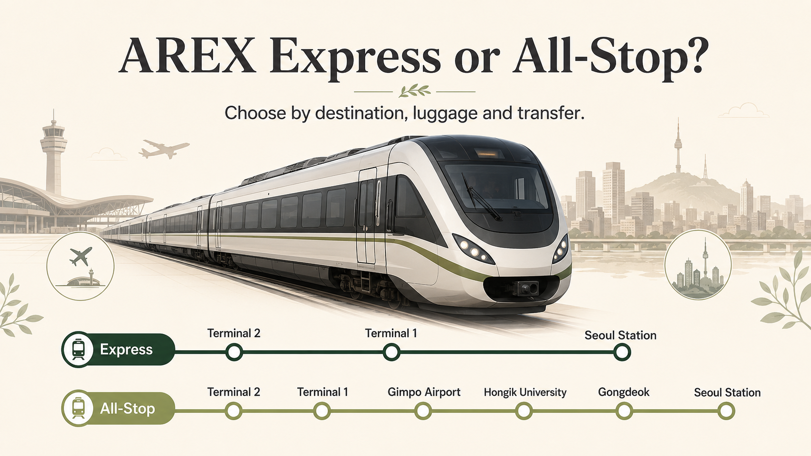 AREX train traveling from Incheon Airport toward Seoul with Express and All-Stop route choices