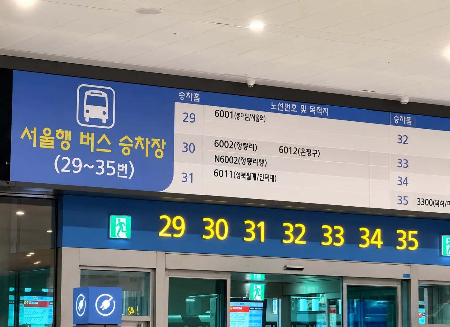 Terminal 2 sign for Seoul-bound airport bus boarding bays 29 to 35 at Incheon Airport