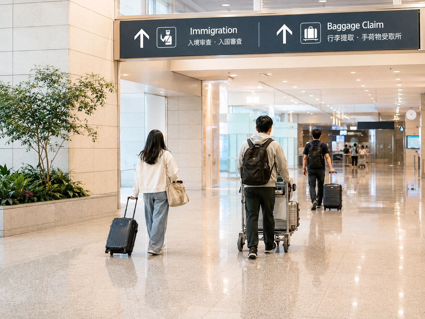 Travelers following Immigration and Baggage Claim signs inside Incheon International Airport