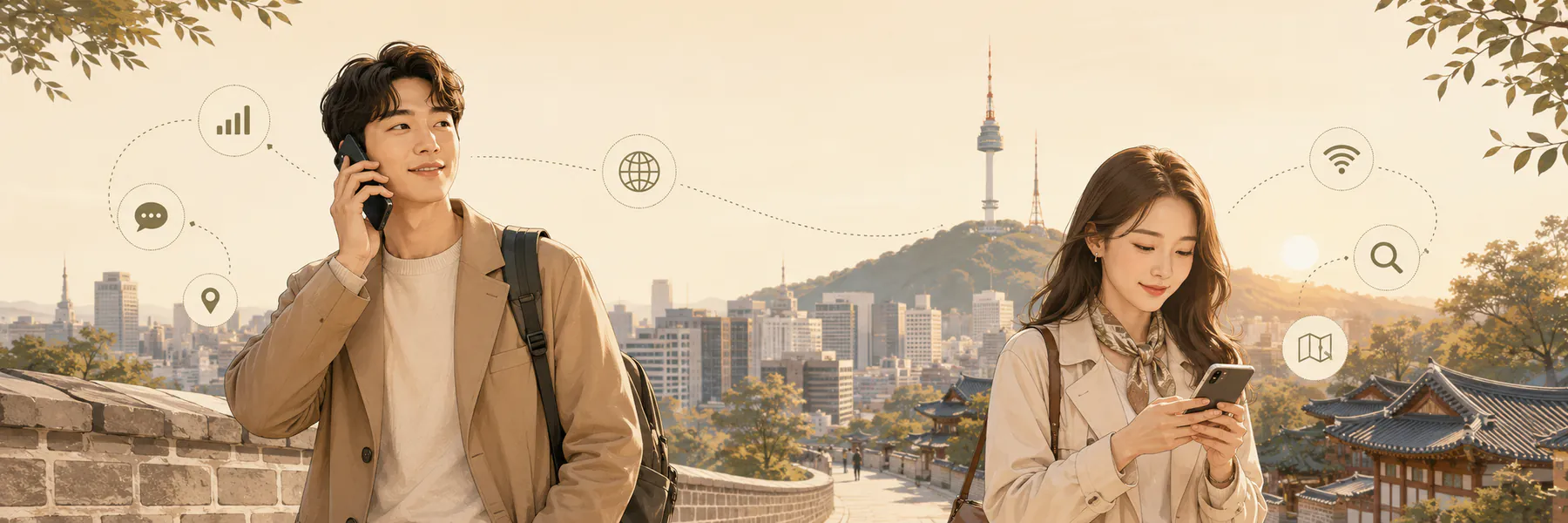 Travelers using phone calls, mobile search and maps while connected in Seoul