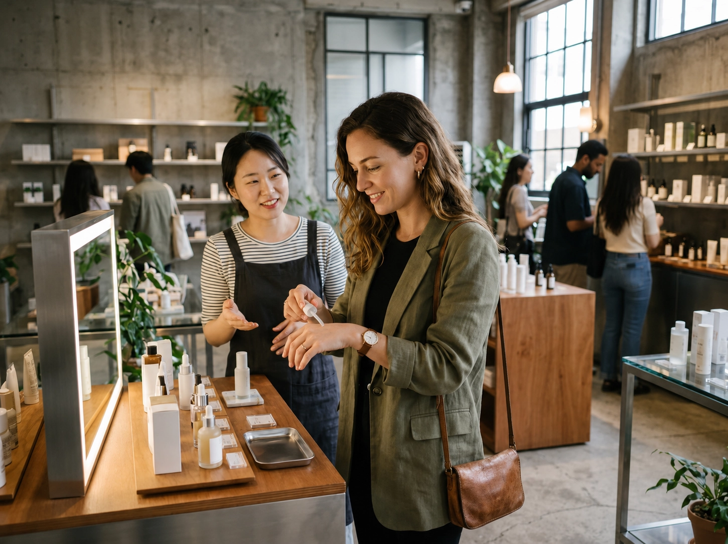 K-Beauty store consultant helping a traveler test a skincare serum