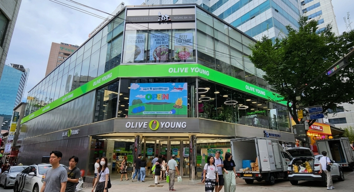 Busy OLIVE YOUNG storefront on a Seoul shopping street