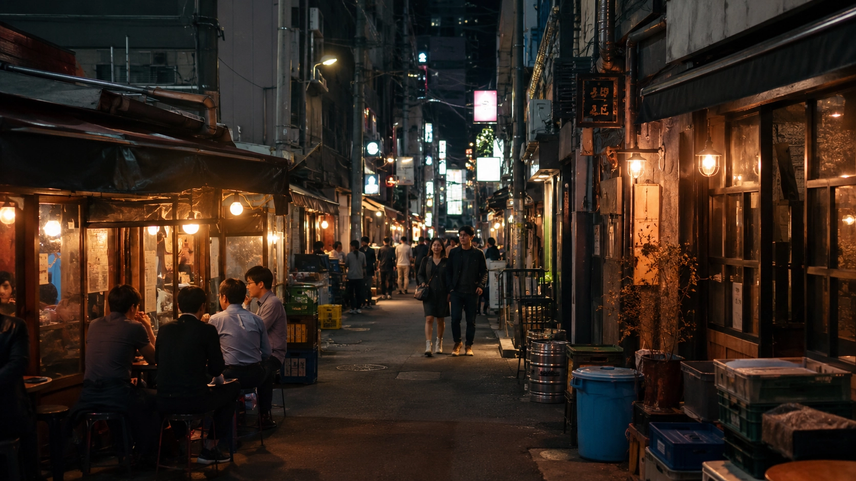 A youthful evening dining and café street representing Hongdae and Yeonnam