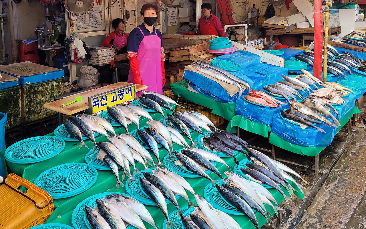 Fresh fish displayed at Jagalchi Market in Busan