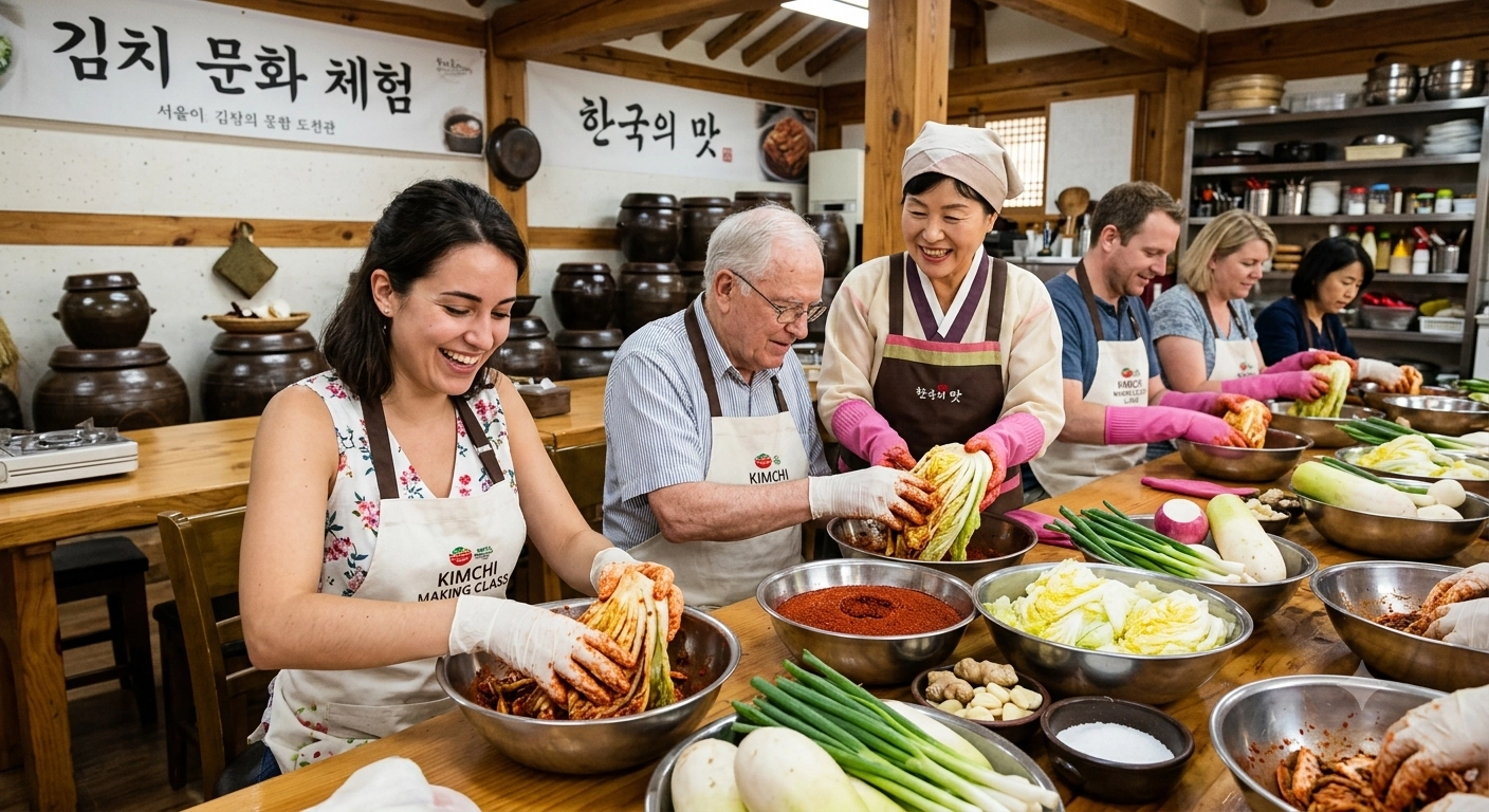 Travelers taking part in a Korean kimchi-making experience