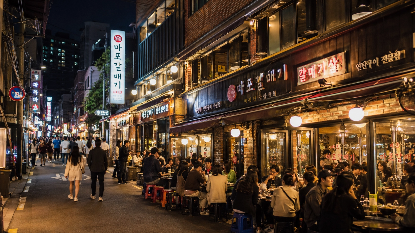 A lively Korean barbecue street representing Mapo at night