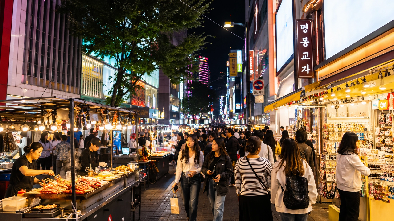 A busy shopping and food street representing Myeongdong at night