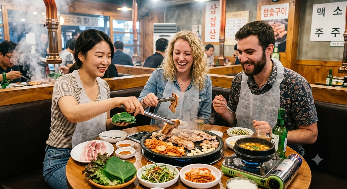 Travelers sharing Korean pork belly dishes at a dining table